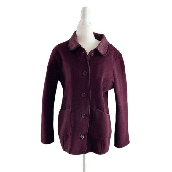 LLBean Burgundy Fleece Pocket Fall Buttonup Jacket Size Large Petite - Picture 3 of 11